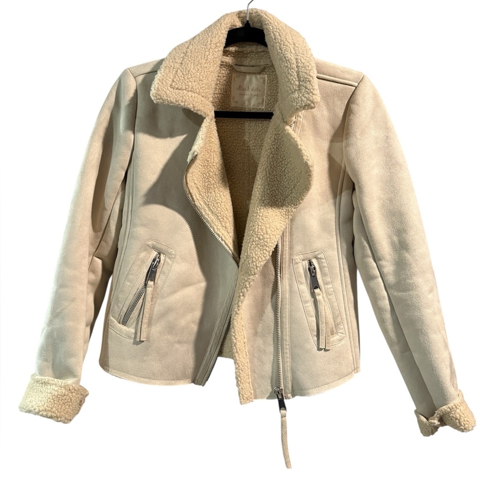 Altar'd State Faux Suede Shearling Moto Jacket Cream Small Biker‎ Coat